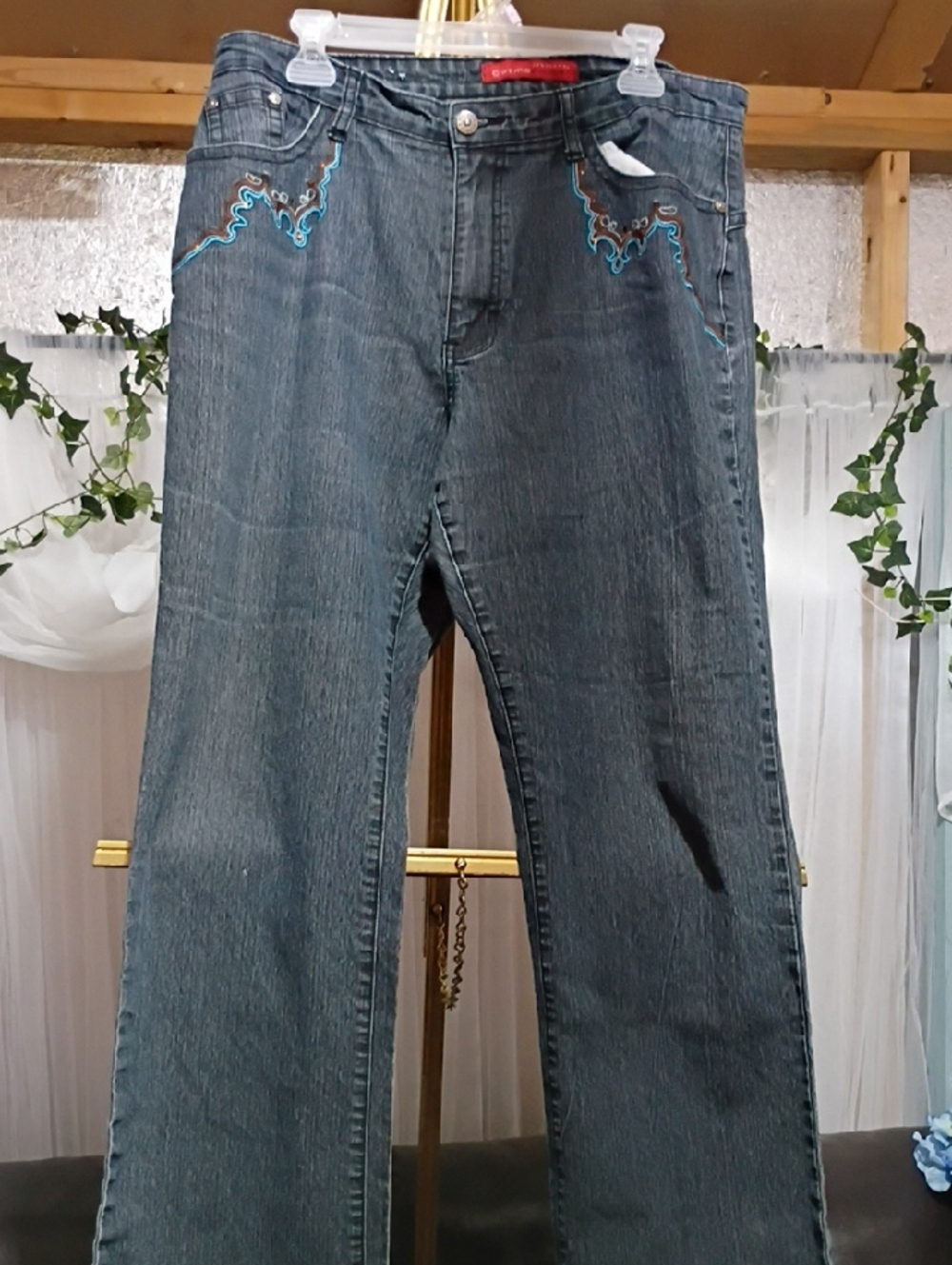 Cosmopolitan Dark Gray Flare Jeans with Turquoise Embroidery